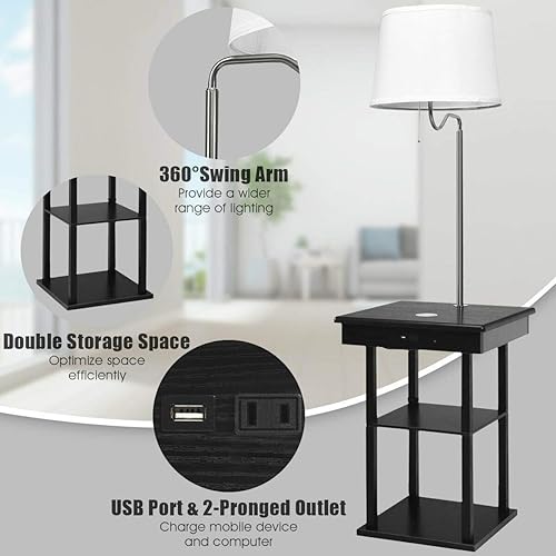 Miniatura 3 de Costzon Lámpara de pie, lámpara de brazo oscilante con pantalla integrada, mesa auxiliar incluye 2 puertos USB (pantalla blanca)