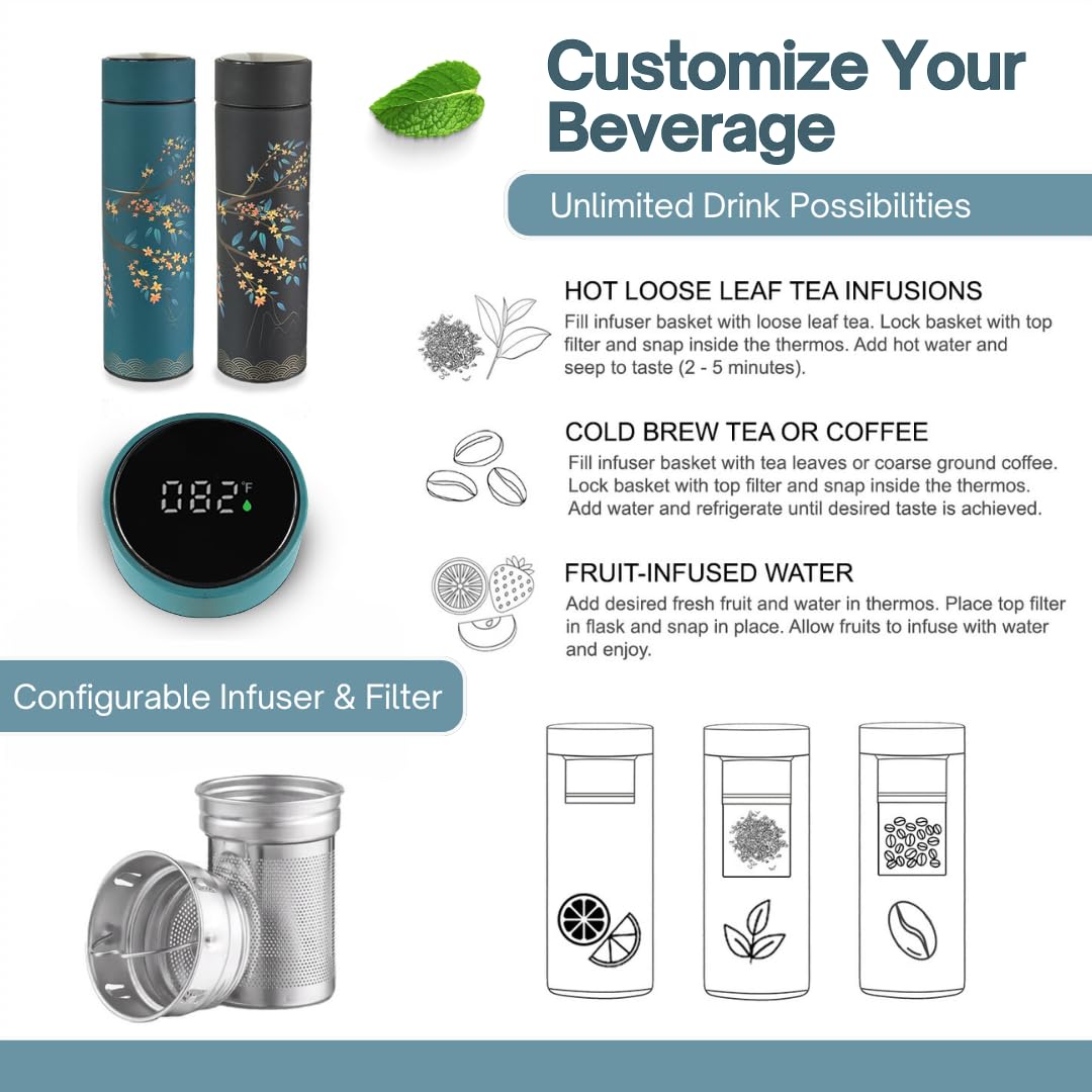 Farasi Tea Infuser for Loose Leaf Tea Smart Water Bottle with Fahrenheit Temperature Display, Stainless Steel, Insulated Coffee and Fruit Tea Infuser Bottle - Floral Tea Mug 15 oz: Black
