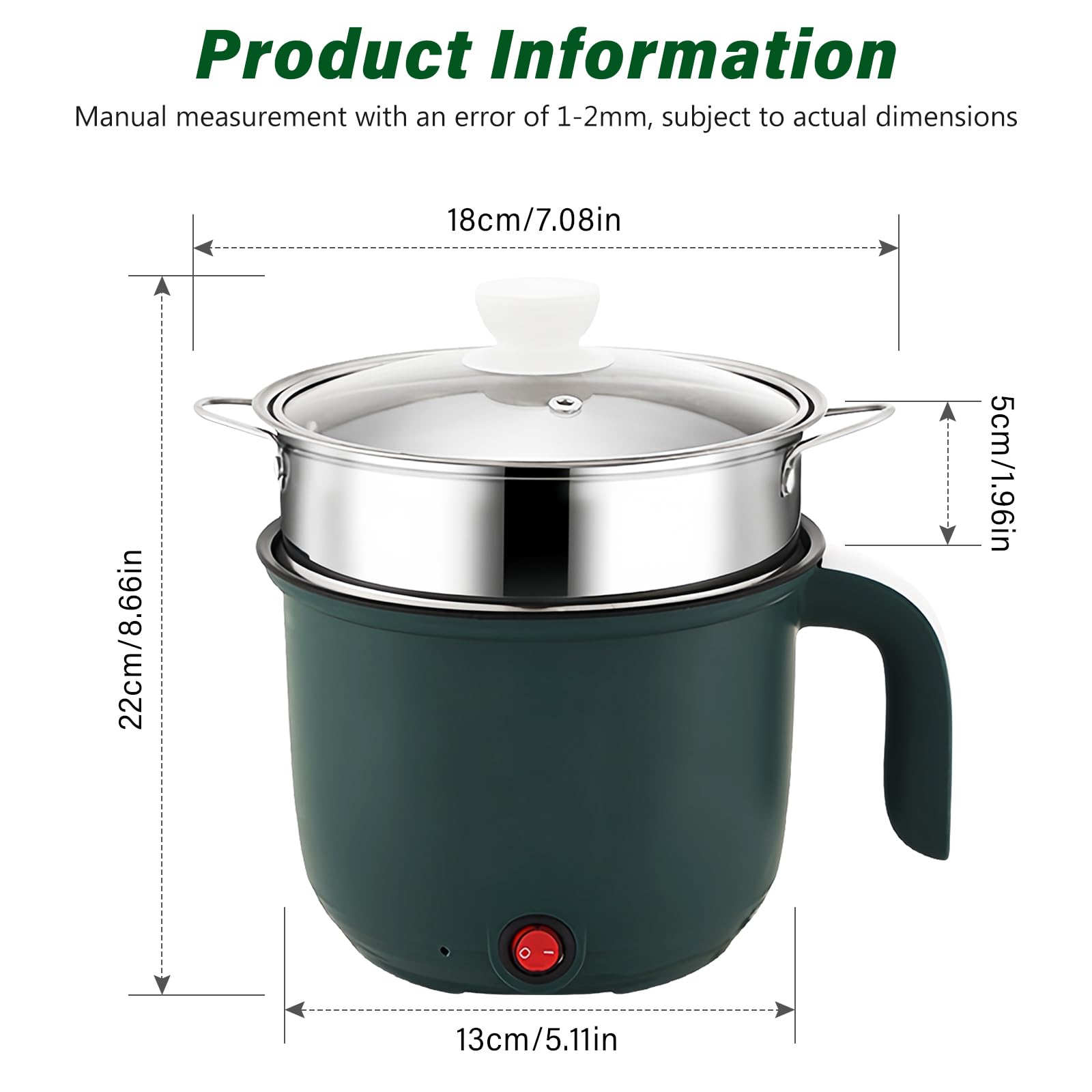 GOMETY Elettrico Hot Pot, 1.5L Elettrico Hot Pot con Vaporiera Mini Antiaderente Portatile Elettrico Casseruola Rapido per Ramen Multicooker per Zuppa, Pasta, Fiocchi d'Avena, Uova, Pasta
