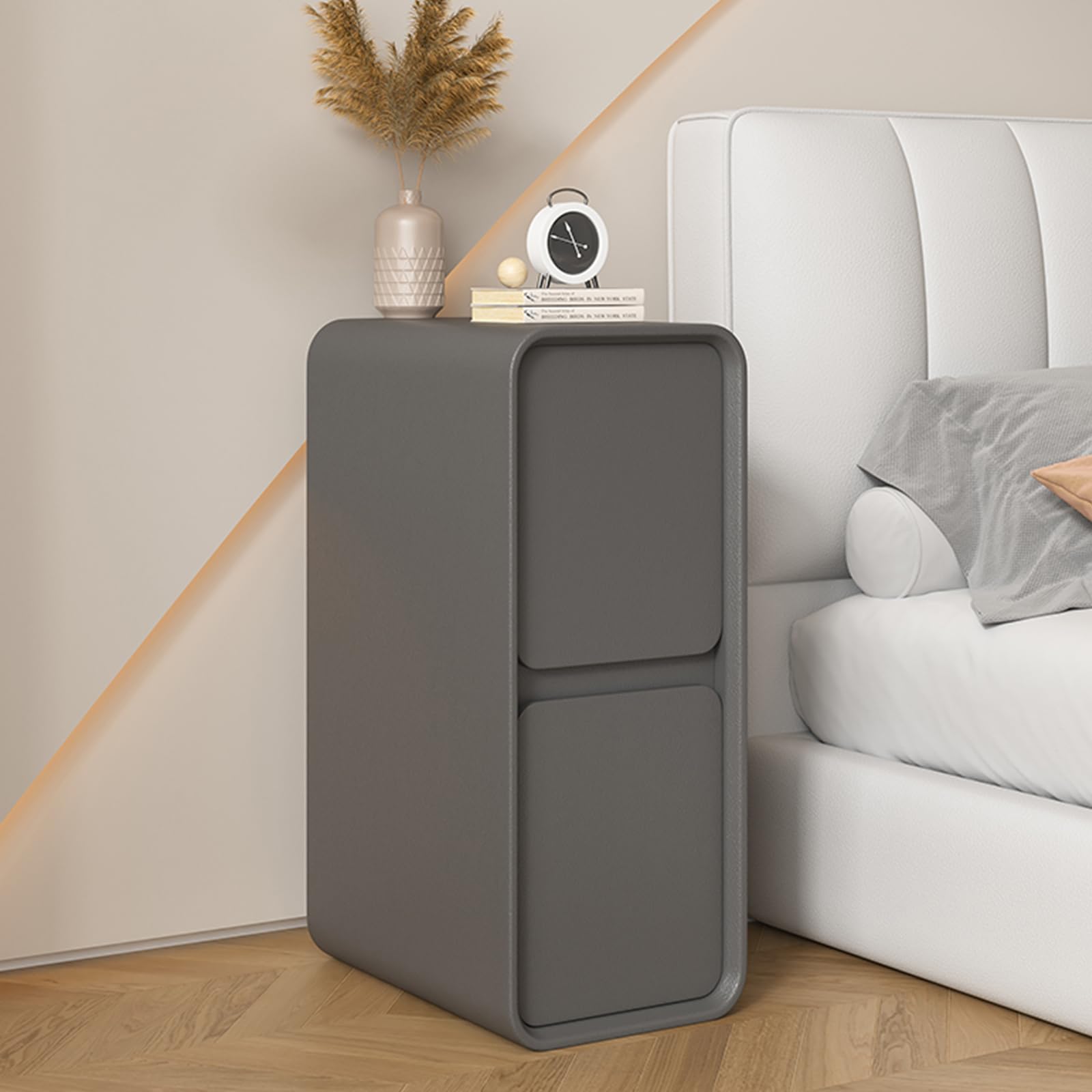MESCXTY Narrow Bedroom Nightstand with Drawers, Small Wooden Bedside Table, Modern Leather Surface, Space Saving Storage Night Stand for Spaces(20x40x47cm(7.8"x15.7"x18.5"), Dark Gray)