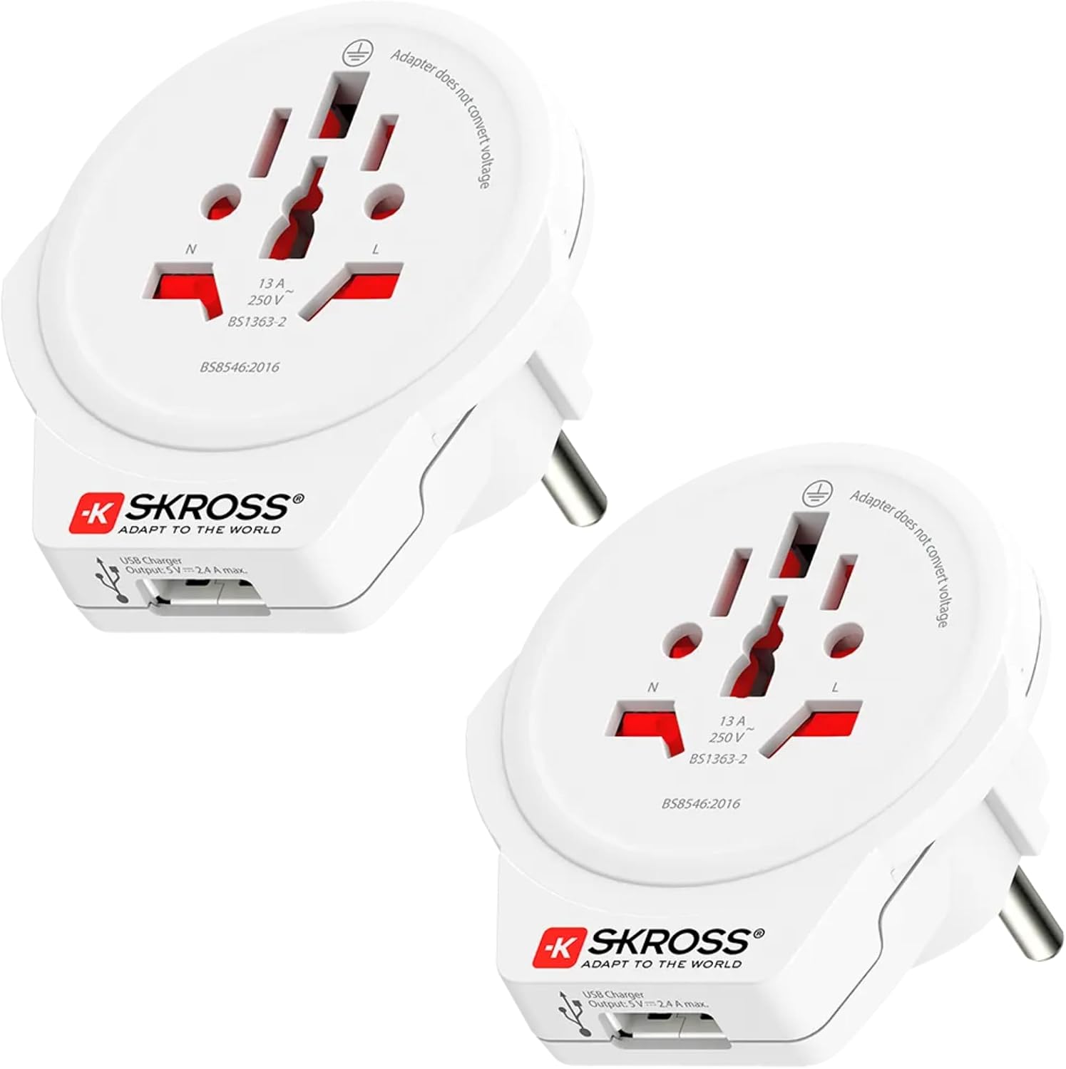 SKROSS World to Europe USB Travel Adapter 2-Pack - Swiss Plug Adapter for European Outlets, 16A / 4000W, 100-250V, USB Charging, Child Safe, White