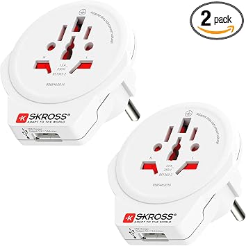 SKROSS World to Europe USB Travel Adapter 2-Pack - Swiss Plug Adapter for European Outlets, 16A / 4000W, 100-250V, USB Charging, Child Safe, White