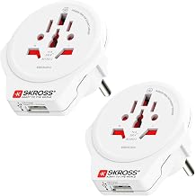 SKROSS World to Europe USB Travel Adapter 2-Pack - Swiss Plug Adapter for European Outlets, 16A / 4000W, 100-250V, USB Charging, Child Safe, White