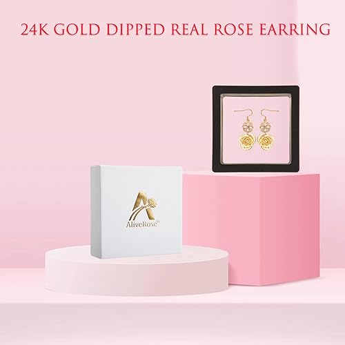 Miniatura 3 de Aretes de rosa sumergida de oro de 24 quilates para mujeres y niñas, aretes de rosa bañada en oro de moda, el mejor regalo para novia, esposa,