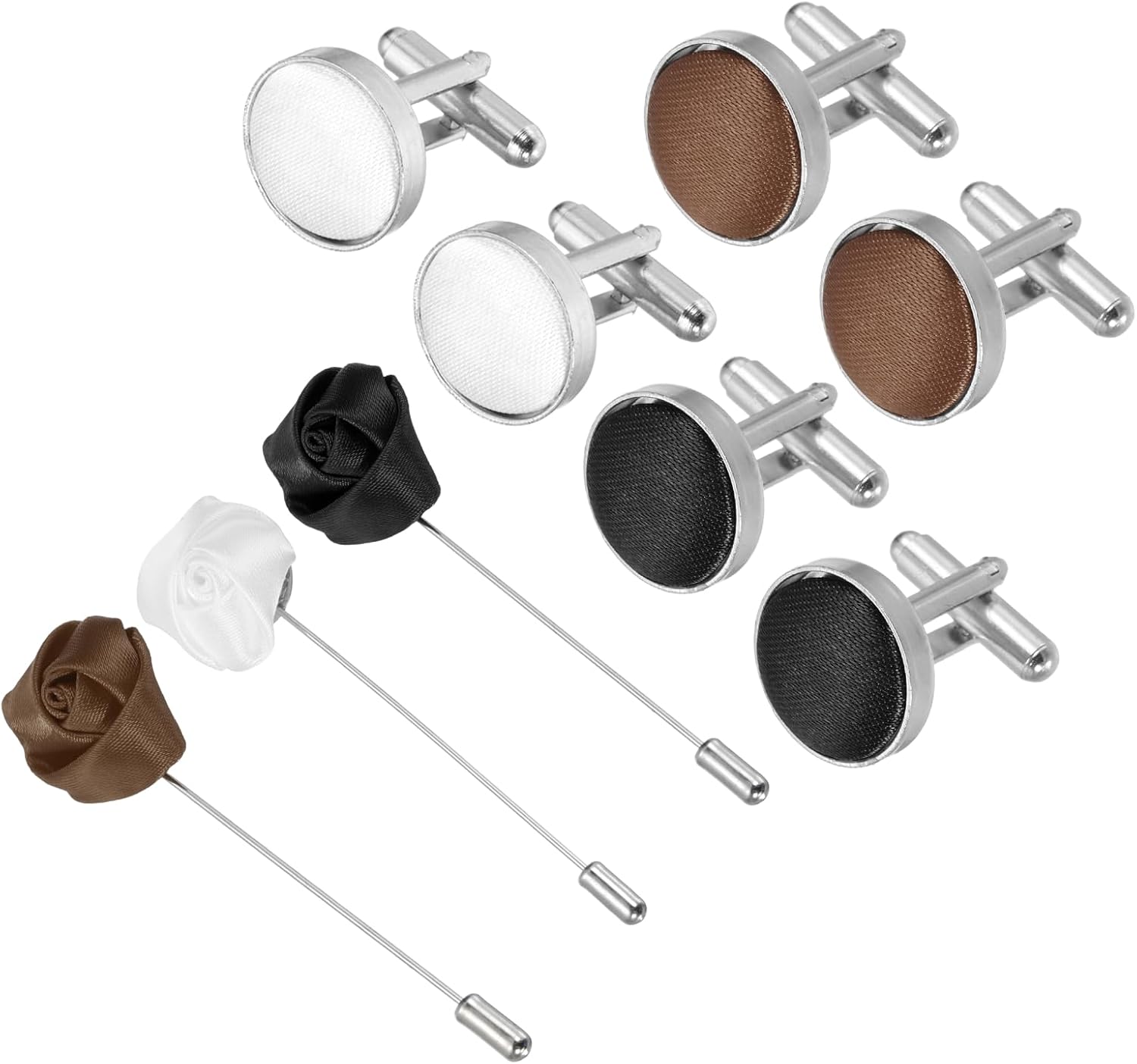 PATIKIL Cufflinks Brooch Lapel Pin Set, Fabric Cufflink and Rose Boutonnieres Corsage Kit for Men Wedding Business Party Suit Shirt Clothing Father Husband Gift(Black/White/Brown)