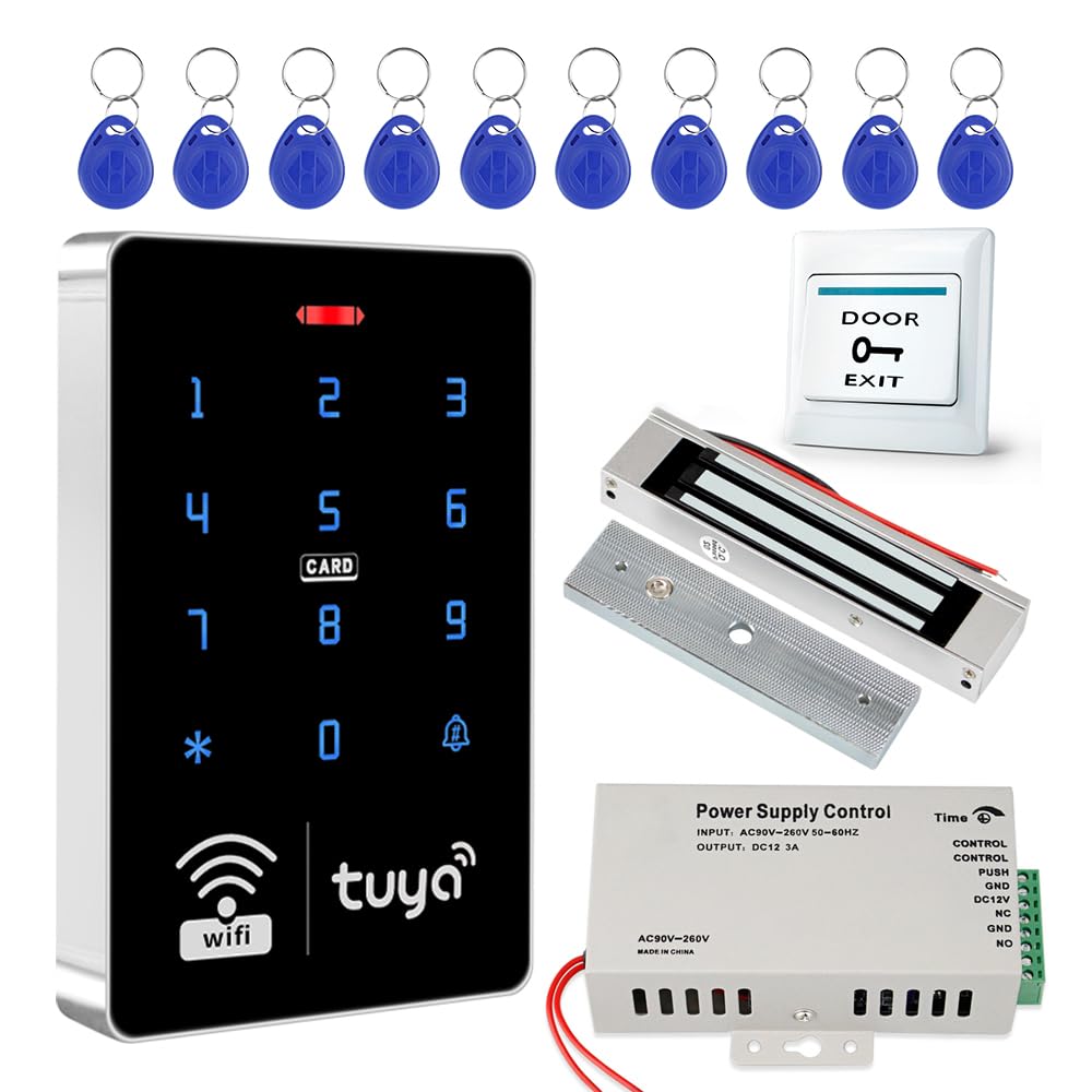 Fredorlokk WiFi Tuya smart dual-band access control system kit, IP68 waterproof keypad locks for doors, access control power supply, 180kg/350lbs magnetic door lock, push button, 10 RFID fobs