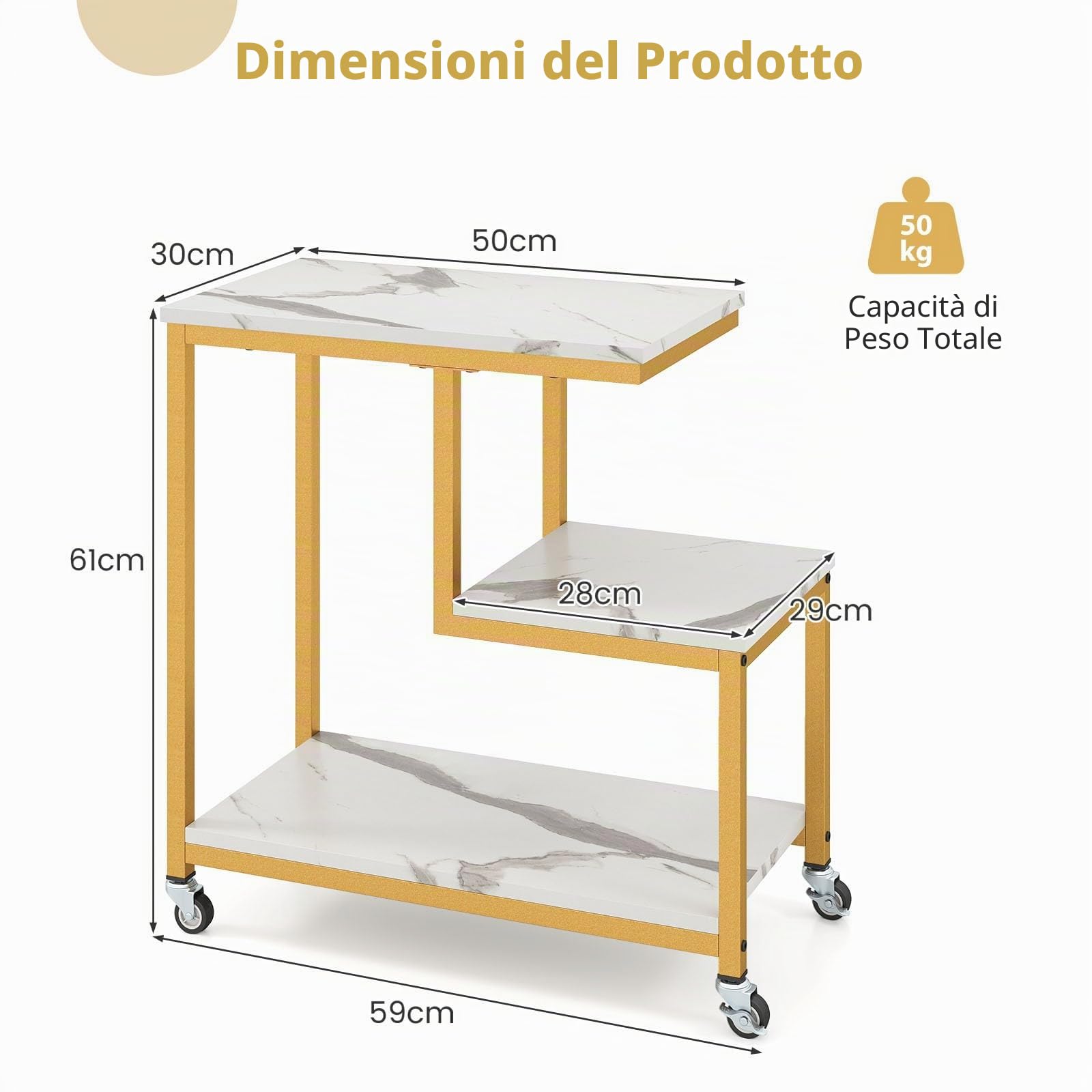 LIFEZEAL Tavolino da Salotto con 4 Ruote, con Effetto di Marmo, Tavolino da Caffè, Tavolino Lato Divano Decorativo, Salvaspazio, Moderno, a 3 Ripiani, Telaio in Acciaio, Max 50 kg, 60x30x59 cm, Oro