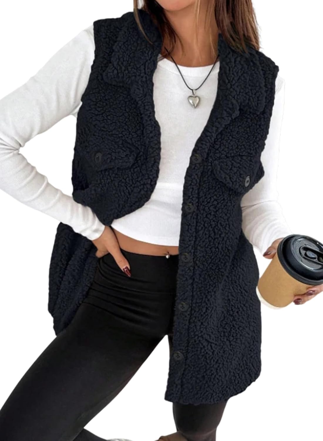 EVALESS Womens Warm Sherpa Fleece Sleeveless Button Down Long Vest Sherpa Jackets Coat Outerwear