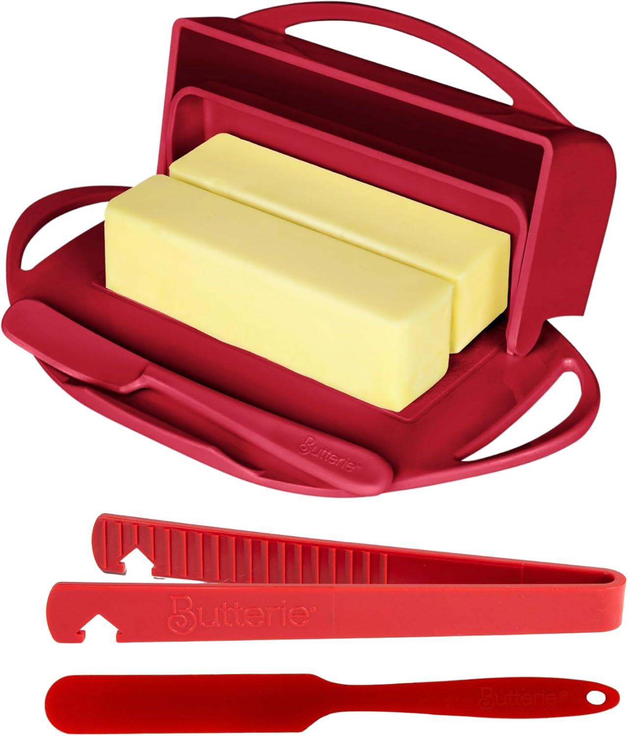 Butterie Red Breakfast Bundle - Flip Top Butter Dish with Attached Lid & Matching Knife, Toaster Tongs & Small Spatula - Holds 2 Sticks, Fits Kerrygold/European Butter - BPA Free & Dishwasher Safe