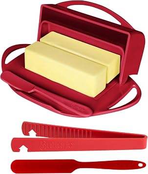 Red Breakfast Bundle - Flip Top Butter Dish with Attached Lid & Matching Knife, Toaster Tongs & Small Spatula - Holds 2 Sticks, Fits Kerrygold/European Butter - BPA Free & Dishwasher Safe