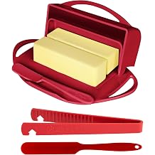 Butterie Red Breakfast Bundle - Flip Top Butter Dish with Attached Lid & Matching Knife, Toaster Tongs & Small Spatula - Holds 2 Sticks, Fits Kerrygold/European Butter - BPA Free & Dishwasher Safe