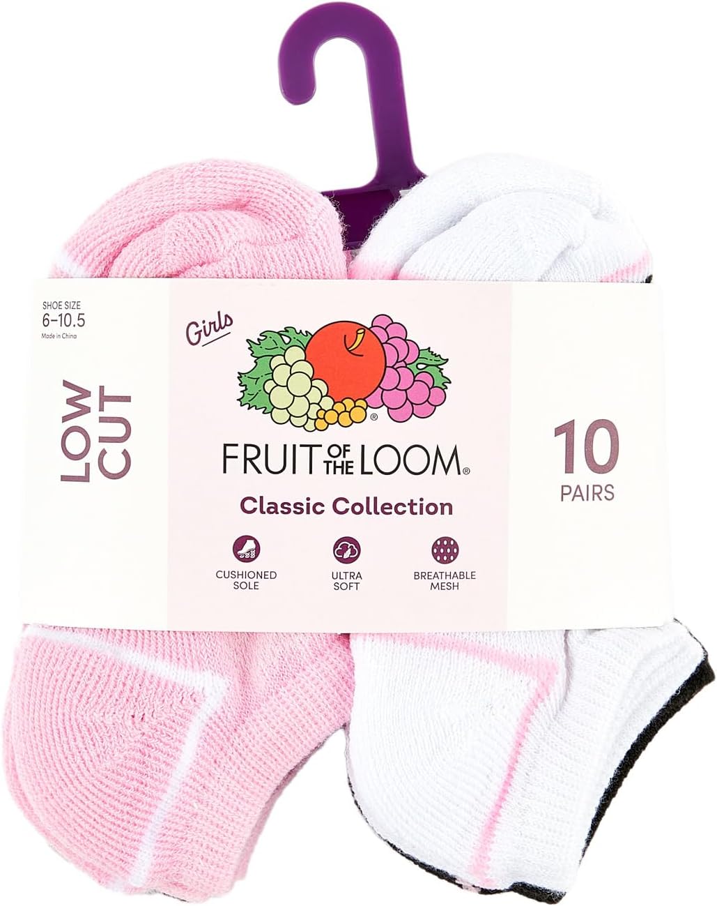 Fruit of the Loom Girls Socks - Low Cut Ankle Socks 10 Pack - Cushioned, Soft Stretch, No Show Toddler/Little Girls