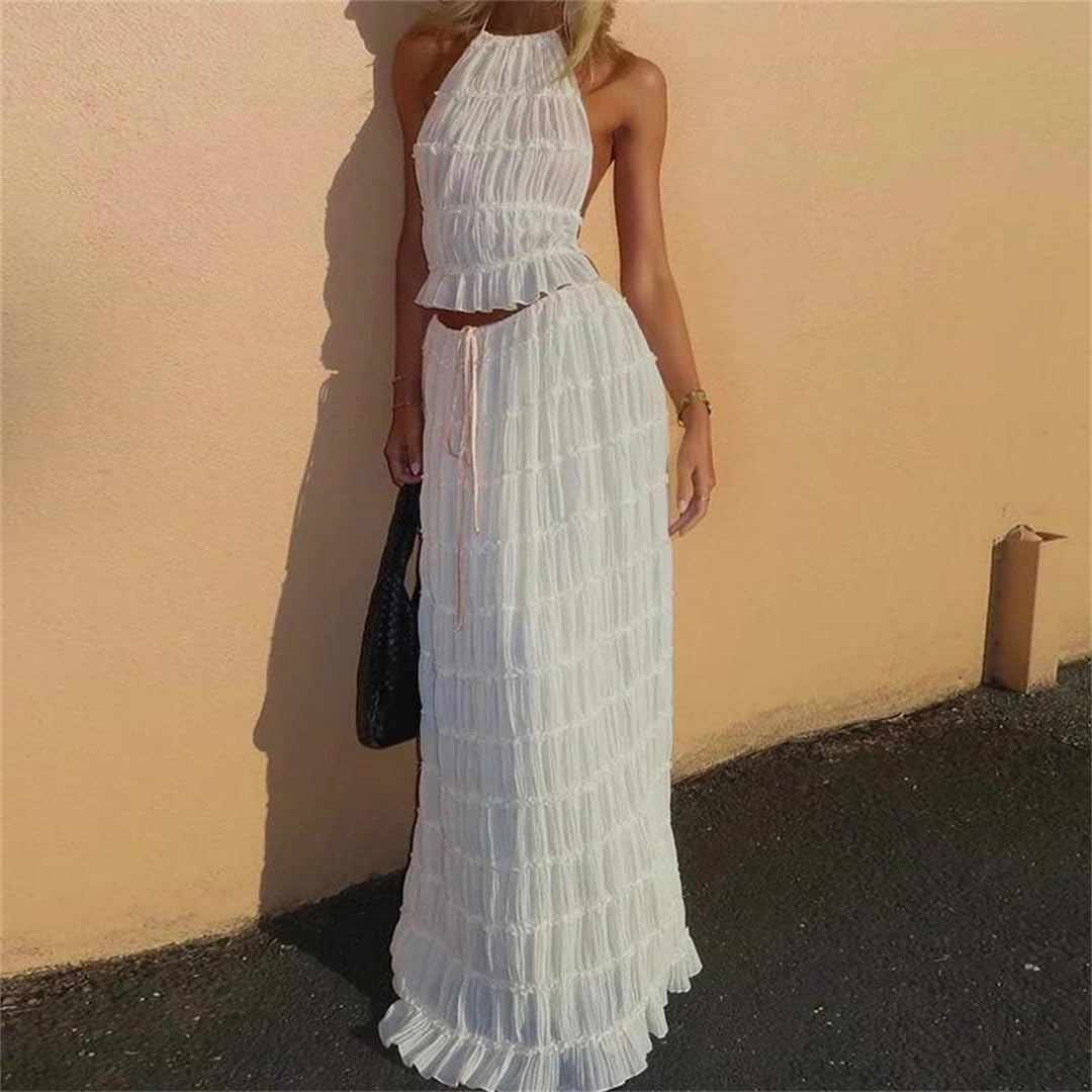 Women Backless Matching Suit Two-Piece Beach Holiday Outfit Ruched Top Maxi Skirt
