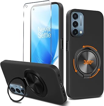 Compatible for OnePlus Nord N200 5G Phone Case with Glass Screen Protector, 360 Rotatable Ring Holder Kickstand Silicone Silm Fit Shockproof Protective Cover Case for OnePlus 1+ Nord N200 5G - Blac