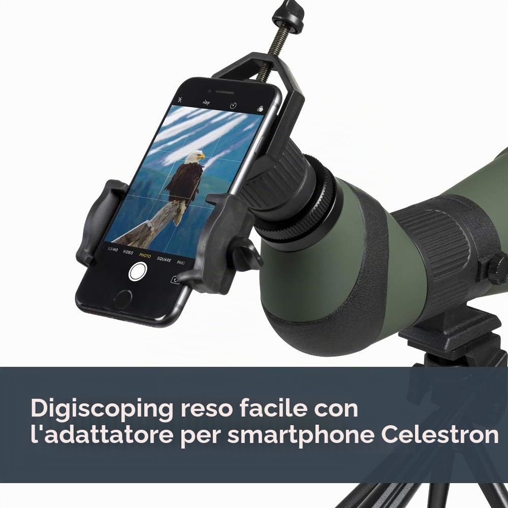 Celestron 52329 LandScout 80mm Cannocchiale ad angolo rinforzato in gomma, ottica completamente rivestita, oculare zoom 20–60x, treppiede da tavolo e adattatore per smartphone, Verde