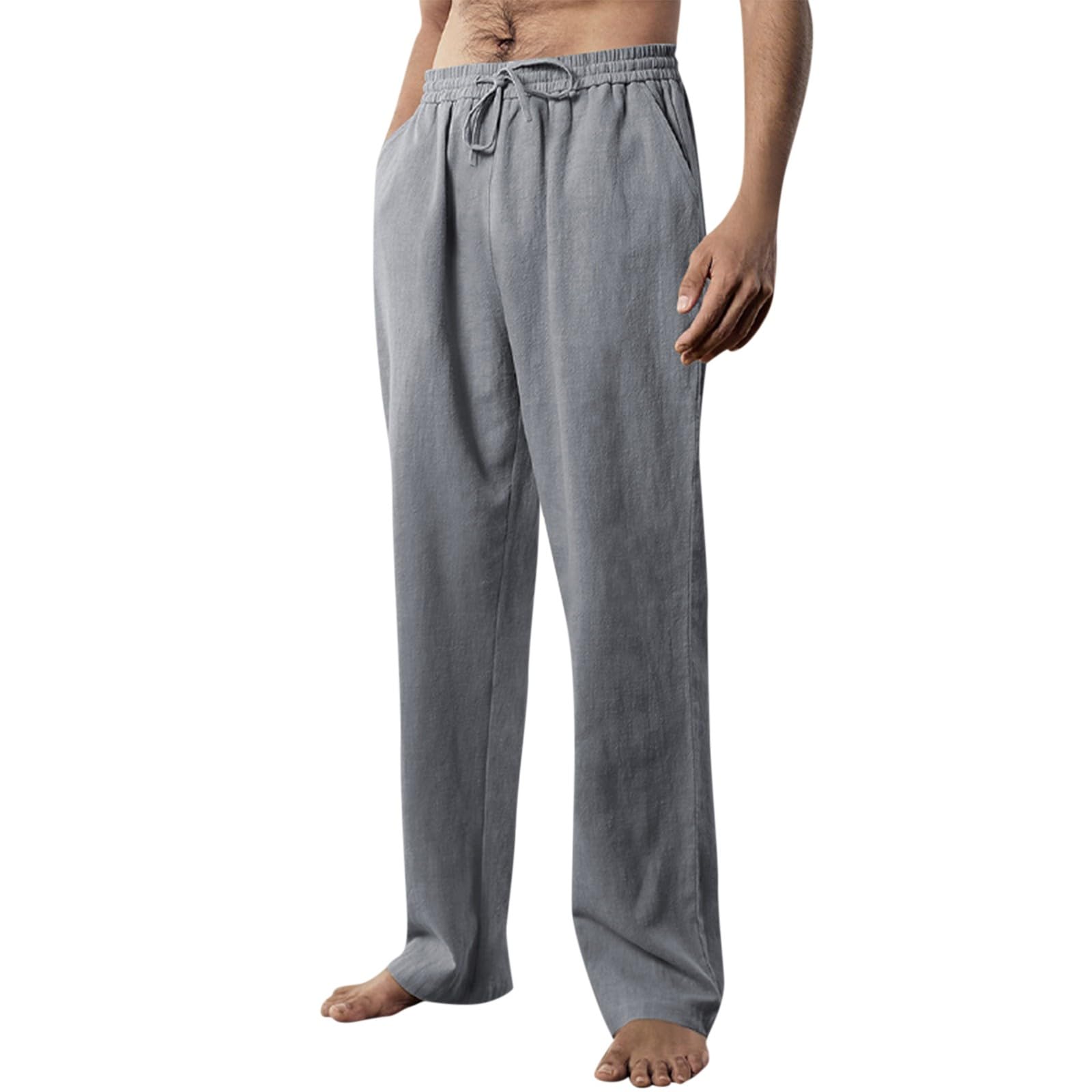 Mens Casual Pants Loose Fit Big and Tall Linen Pants with Pockets Summer Boho Wide Leg Elastic Waist