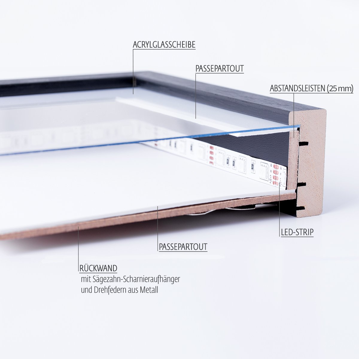 Bildershop-24 Objektrahmen Trikotrahmen aus Massivholz beleuchtet für Objekte bis 15mm VARIO36 3D inkl. Bügel, LED-Leiste und Passepartout 80x100cm Schwarz matt (lackiert) WM EM