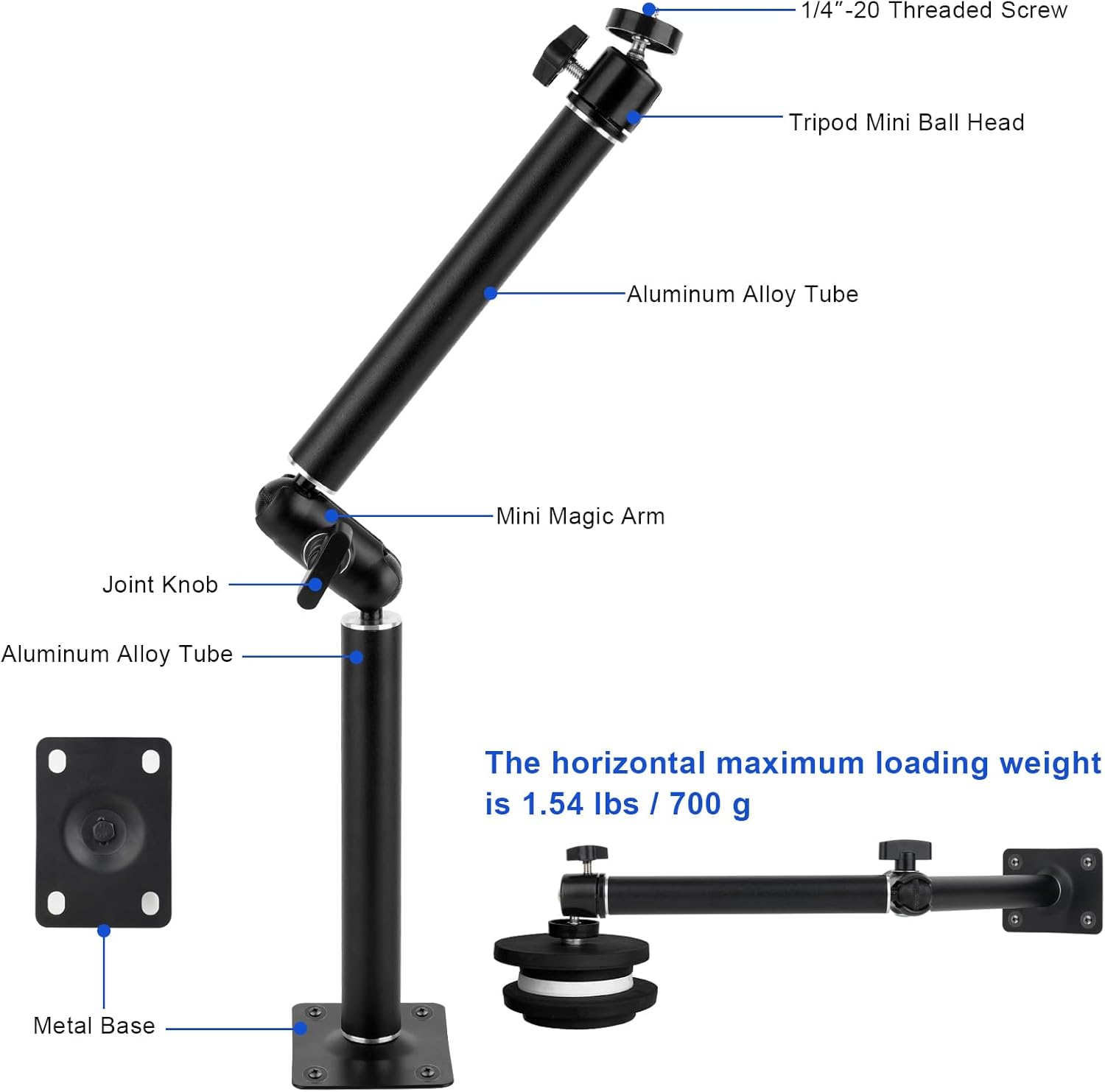Articulating Wall Mount Camera Arm with 1/4 inch-20 Threaded Compatible with Digital/Security/Webcam/CCTV POV Camcorder/Video Light/Small Cameras,Adjustable Aluminium Alloy Arm