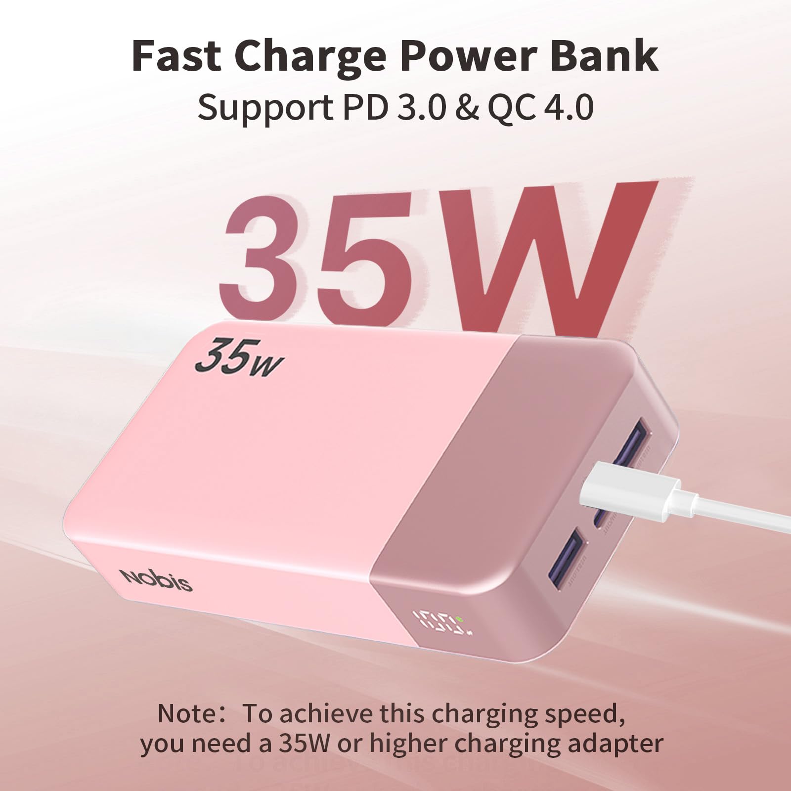 Nobis Cargador Portátil, Fuente de Alimentación Móvil 20000mah, Recarga rápida para Fuente de Alimentación Móvil 35w, Batería con Pantalla Digital para Phone, Android, etc (Rosa)