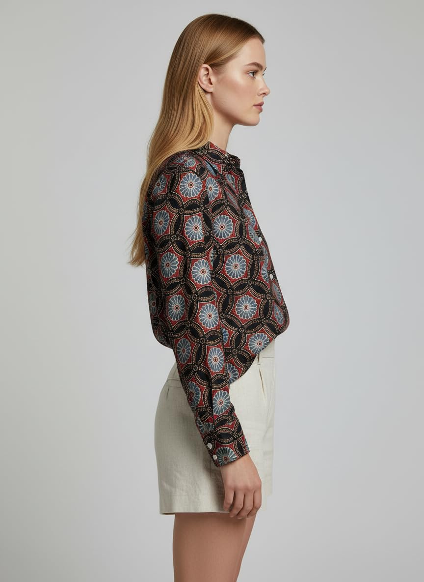 ANNI Designer Bedrucktes Damenhemd aus Baumwollmischgewebe, langärmelig, normale Passform, Hemdkragen, legere Bürokleidung, elegante Western-Kleidung für den Alltag, Hochzeit, Party