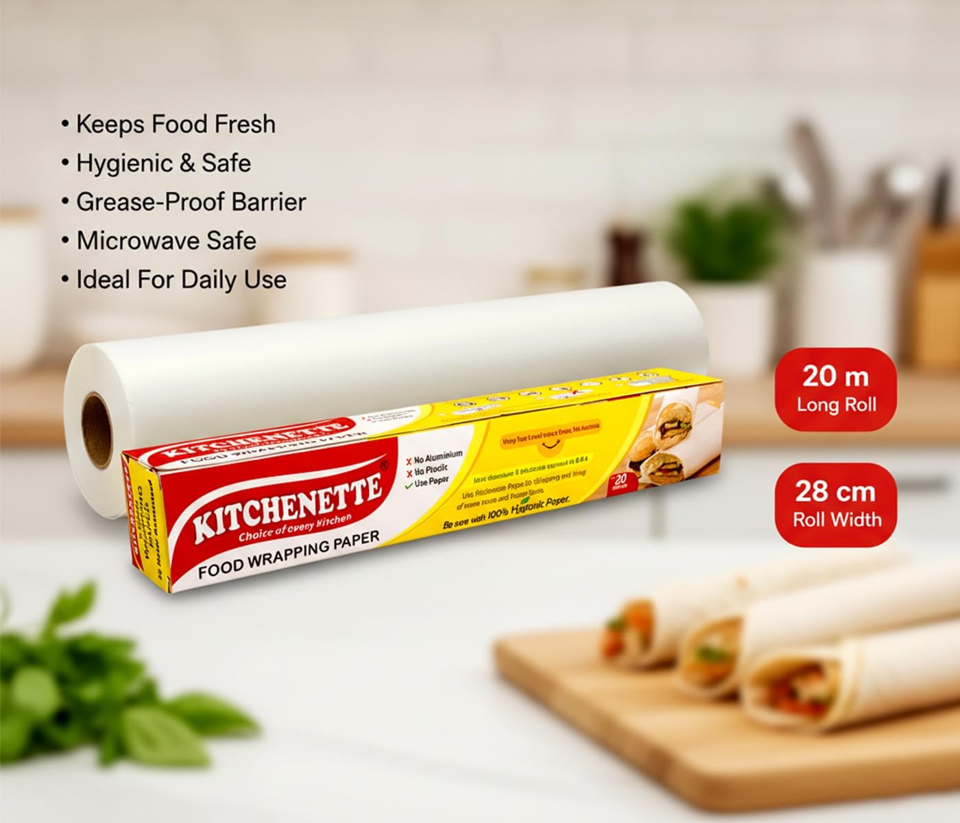 Kitchenette Food Wrapping Paper - 20 Meters Coreless Roll, White