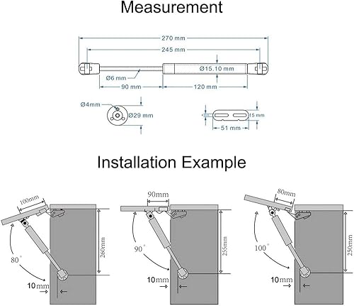 Miniatura 5 de Soporte de resorte de gas de 10 pulgadas 80N18lb Soporte de elevación de amortiguadores de gas Cubierta de latón con placa de fijación para tapa de