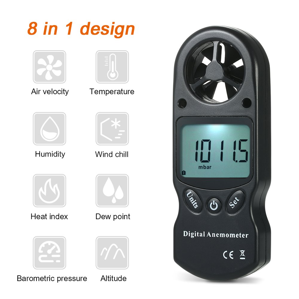 Wind Speed Meter Digital, 8 in 1 Portable Wind Anemometer with LCD Backlight for Measuring Wind Speed Humidity Temperature Air Velocity Wind Chill