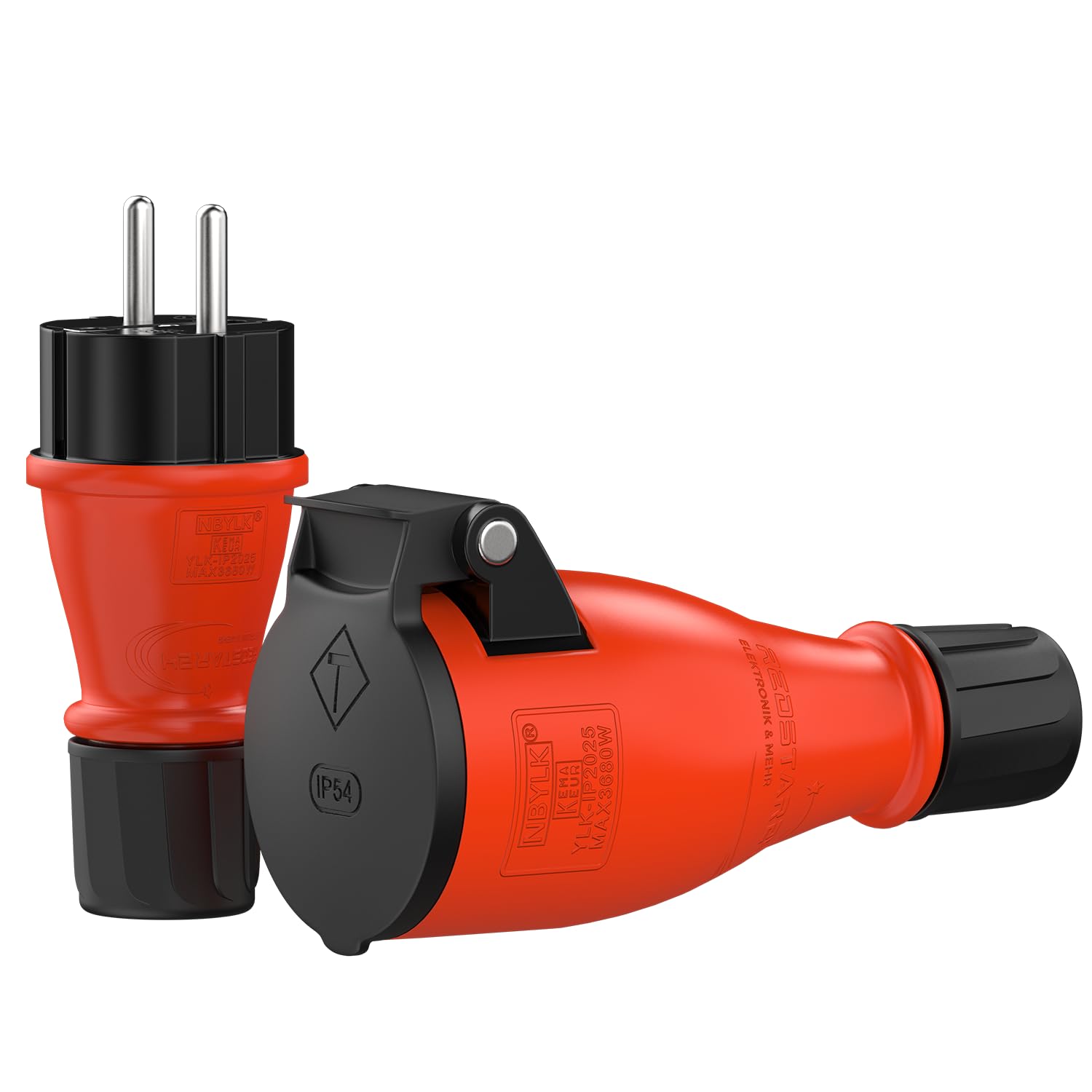 Clavija Enchufe Macho Electricas | Conjunto Enchufe / Toma Schuko de goma IP54 | Macho y Hembra |Extensión | Goma y plástico | Uso en exteriores | Negro / Rojo