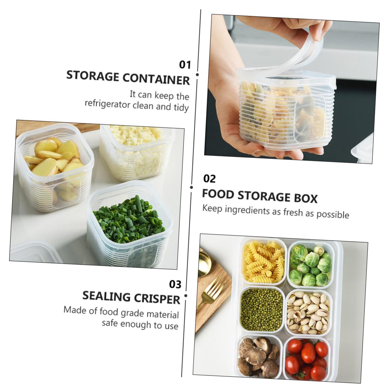 Zerodeko Set 7 Pezzi Contenitori Alimentari Quadrati in Plastica | Bianco, Coperchi Inclusi, Freezer Safe e Microonde, Struttura Visibile per Frutta e Verdura