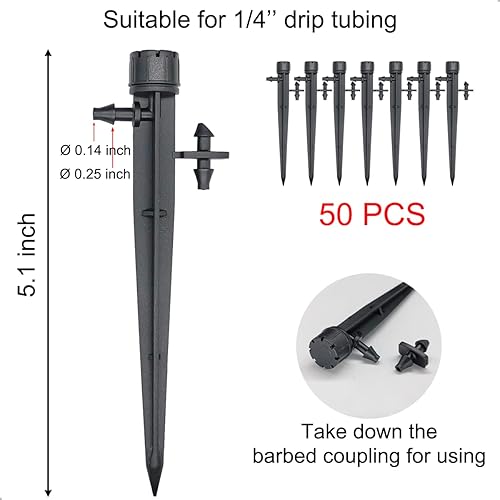 Miniatura 2 de 50 emisores de riego por goteo, goteros de riego de flujo ajustable de 0 a 18 GPH con estaca, cabezal de rociador de flujo de 360 grados, micro