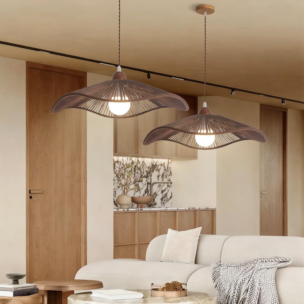 JOJOM Lampe tissée à la main Marron de Noyer Lustre au look bohème Corde de Chanvre suspension luminaire Hauteur Réglable Pour salon cuisine chambre Restaurant Salon de thé(A42)