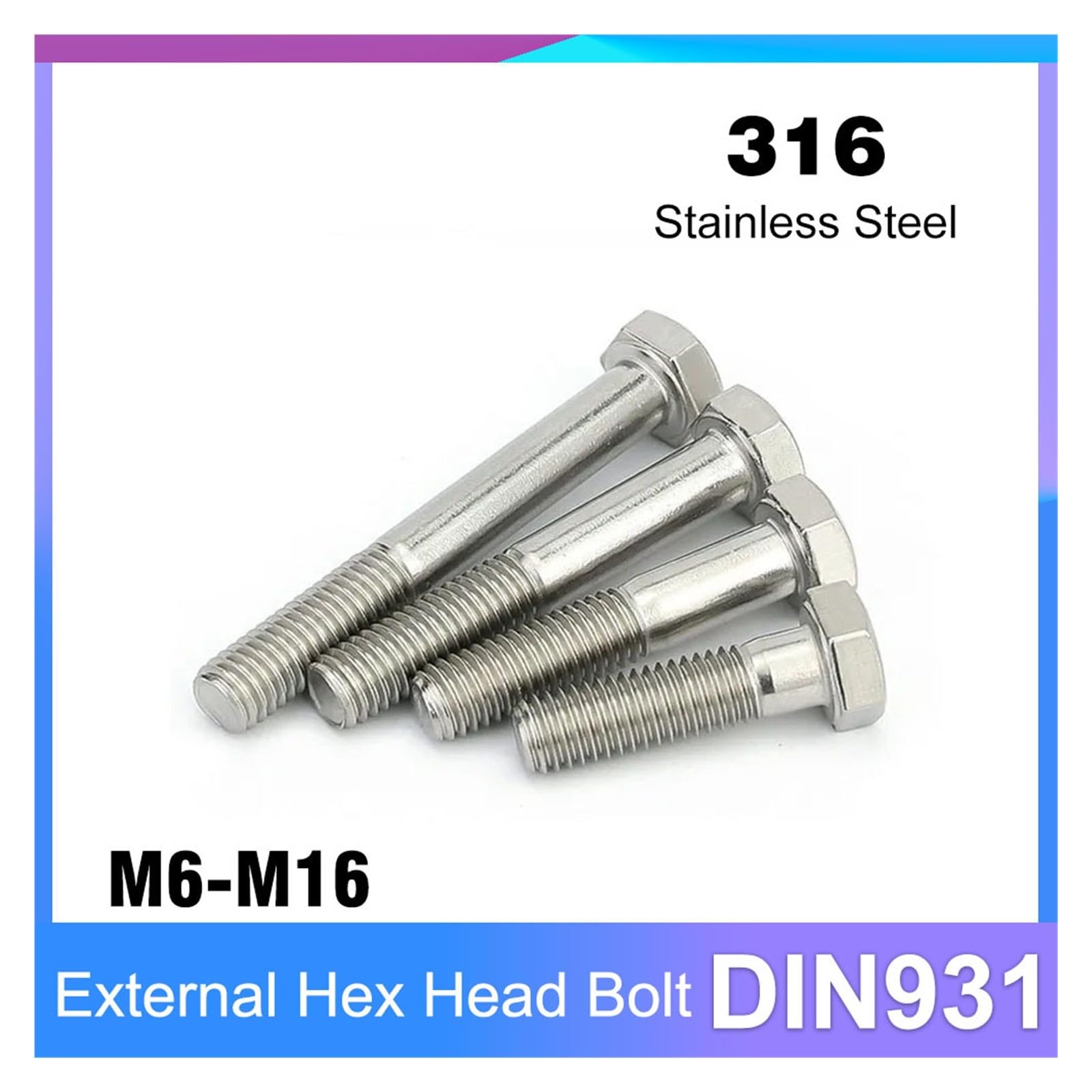M6 M8 M10 M12 M14 M16 DIN931 A4-70 Bullone a testa esagonale in acciaio inossidabile a mezza filettatura esterna con filettatura esterna(5PCS M12_130MM_316)