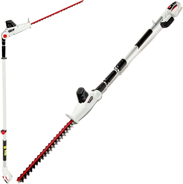 NETTA Cordless Pole Hedge Trimmer 20V - 510mm Diamond Cutting Blade - 16mm Tooth Opening - 2.4m Long Reach Telescopic Pole Handle - 150° Angle Changing Head