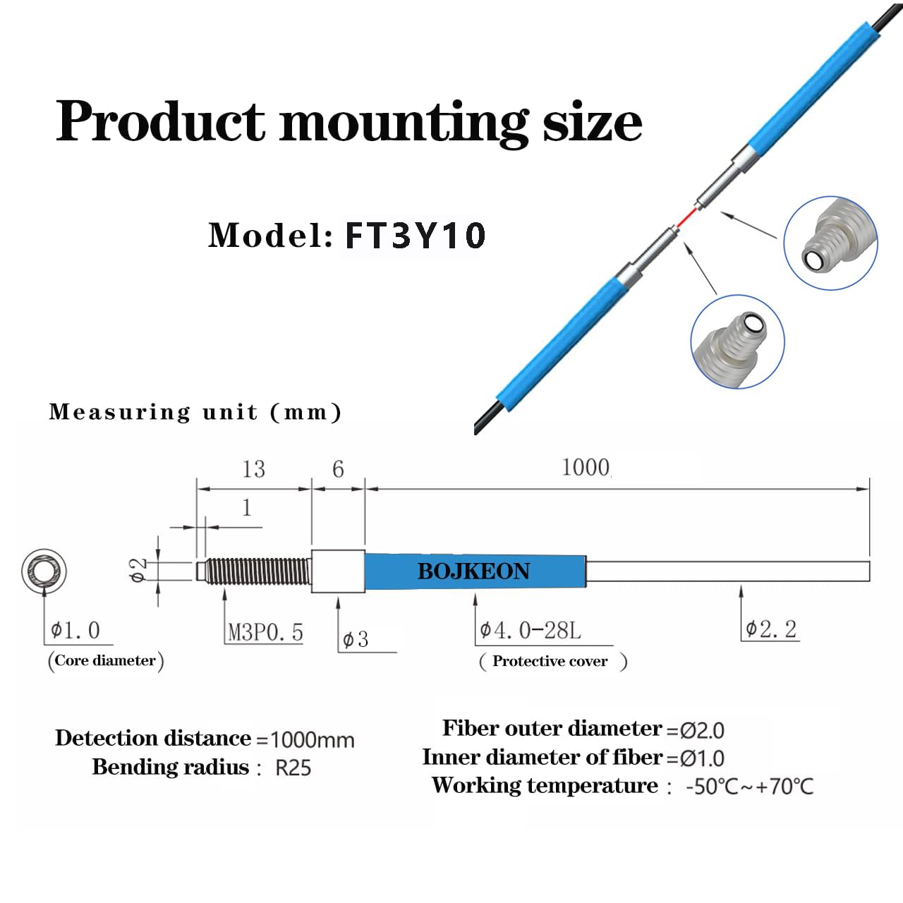 FT3Y10 Fiber Optic Sensor M3 Detection Distance 0-500MM