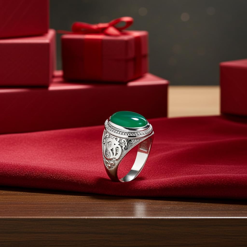 LA BLINGZ Sterling Silver Om Aum Ring Green Onyx Oval Yoga Meditation Statement Ring Unisex