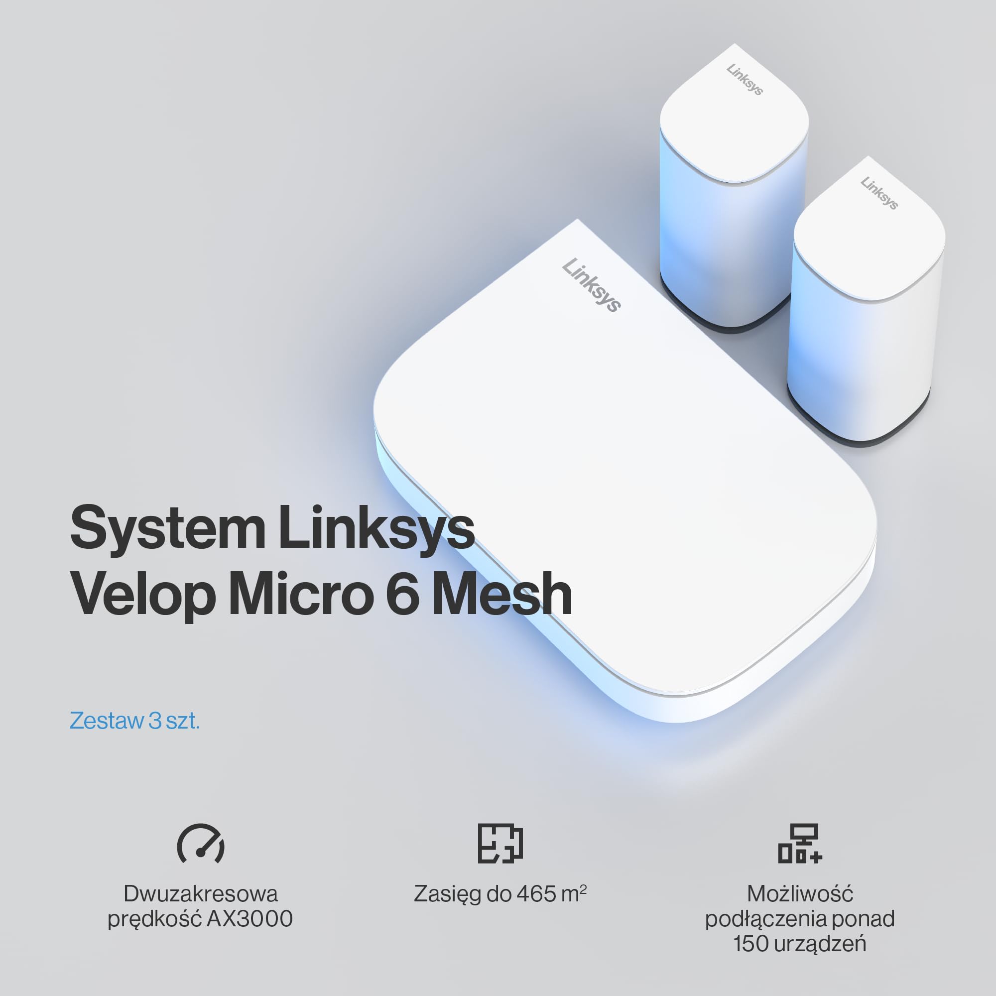 Linksys Dwupasmowy System Mesh Wi-Fi Velop Micro 6, Router Wi-Fi 6, Prędkość do 3 Gb/s, Zasięg 465 mkw, Obsługa Ponad 150 Urządzeń, Zastępuje Router i Wzmacniacz Sygnału, 3 szt.