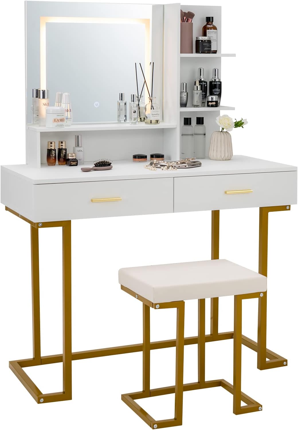 Toeletta Da Trucco WOLTU Con Luci LED Hollywood - Tavolo Make-up Moderno Con Specchio E Cassetti, 90x40x135cm