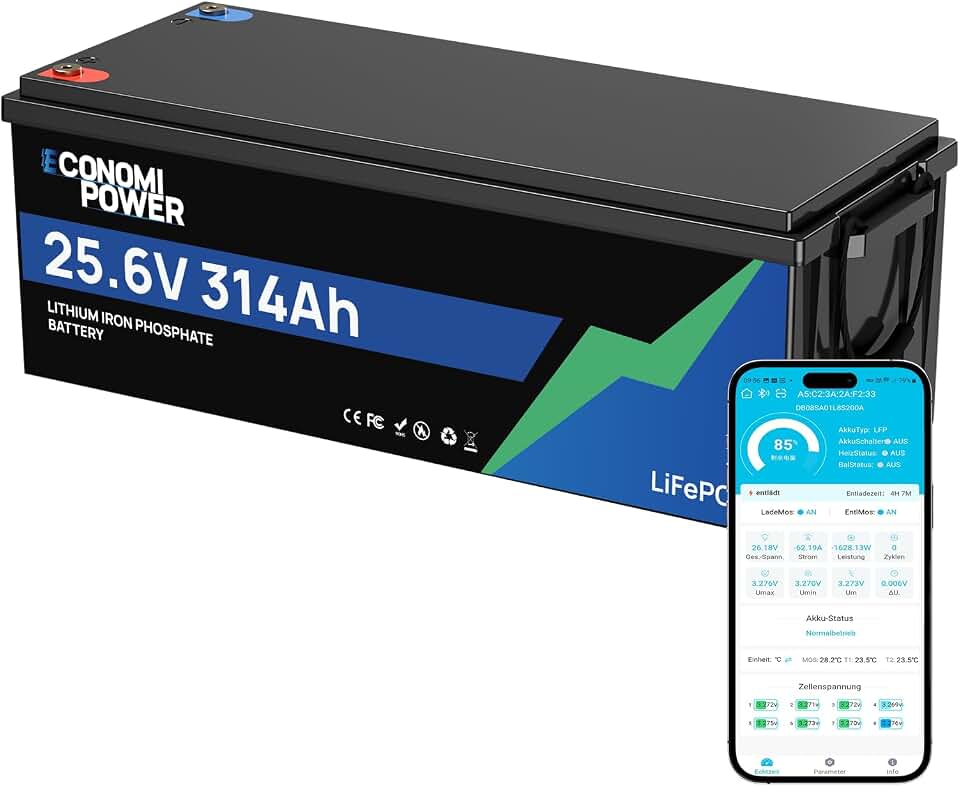 24V 300Ah（314Ah) LiFePO4 Lithium Battery - 8038Wh, built-in 200A BMS Bluetooth Monitoring, 15000+ Cycles, Low-Temp Cutoff 24V Lithium Battery for RV, Solar & Marine Applications