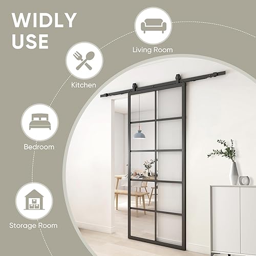 Miniatura 5 de JUBEST Puerta corrediza de granero de vidrio DIY, 36 x 84 pulgadas, puerta francesa moderna, resistente 4-Lite vidrio templado transparente, marco