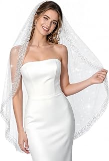 Sparkly Tulle Wedding Veil for Bride with Pearl Edge 39" | Pearls and crystals beaded edge& Sparkly tulle veil.Suitable for weddings or special occasions.