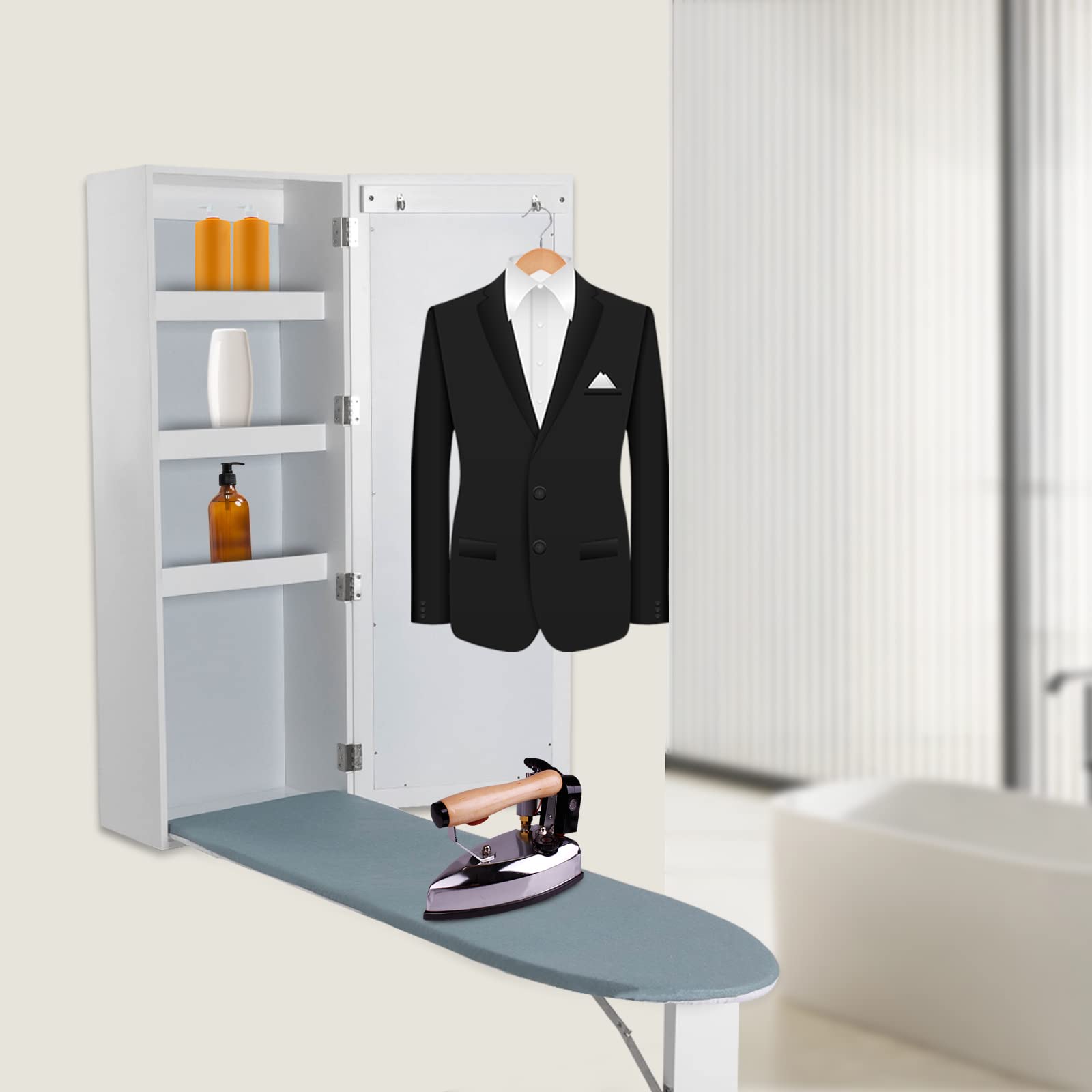 Wall Mounted Ironing Board with Storage Cabinet, Built in Ironing Board & Folding Support Leg/Swivel Ironing Board, Wall-Mounted Mirrors for Home, Apartment & Small Spaces, White