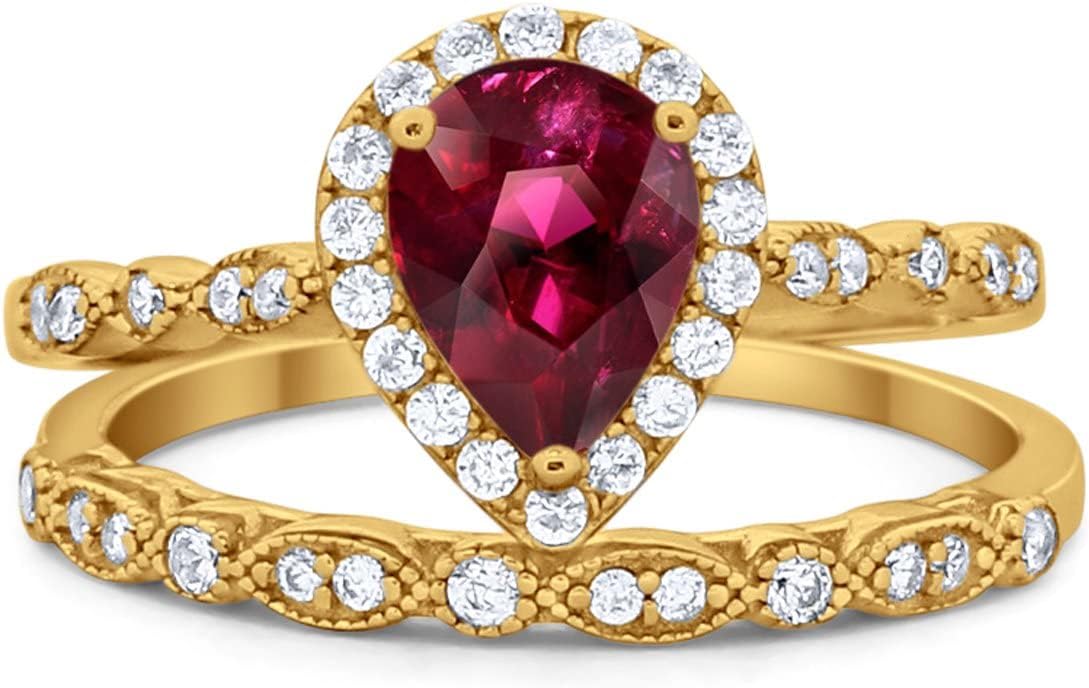 Blue Apple Co. Teardrop Art Deco Bridal Set Wedding Engagement Ring Band Pear Cubic Zirconia 925 Sterling Silver