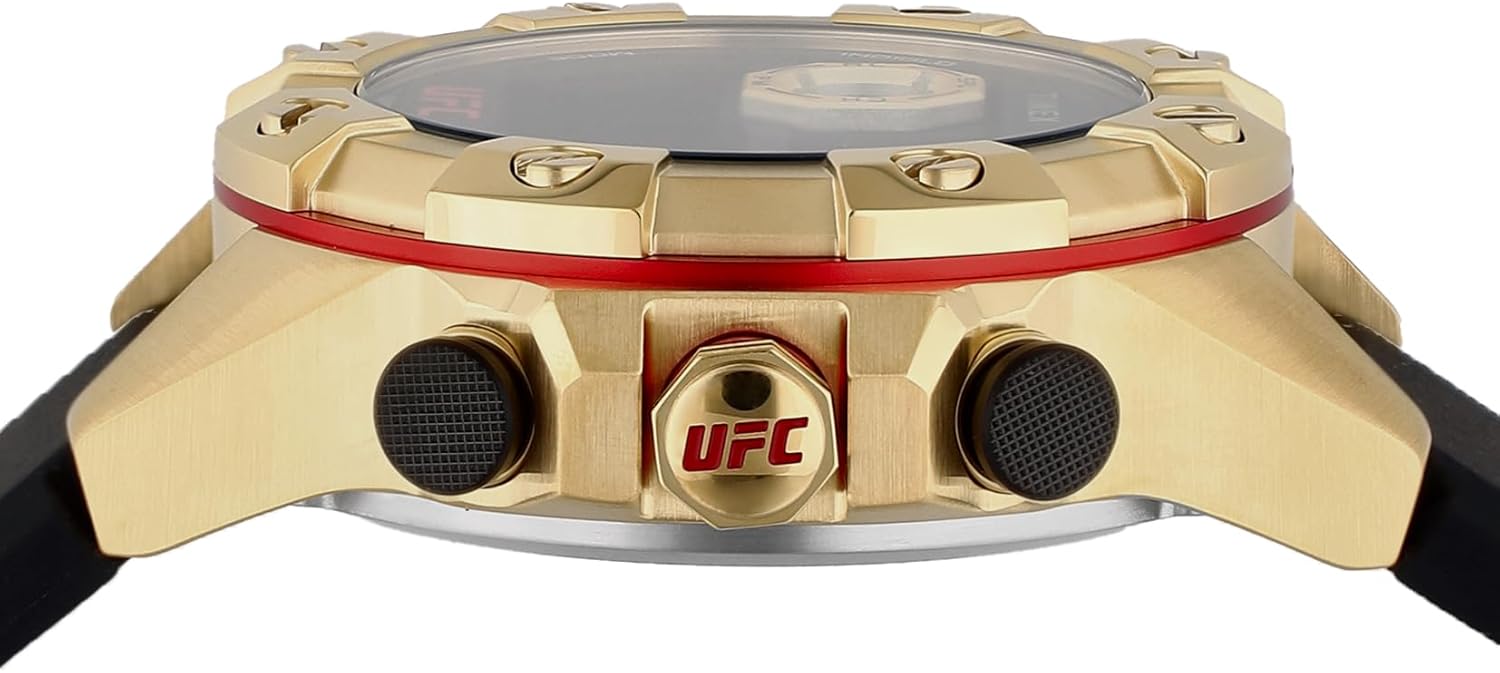Close-up of the Timex UFC Kick TW2V86600 watch case, showing the buttons and the red accent ring.