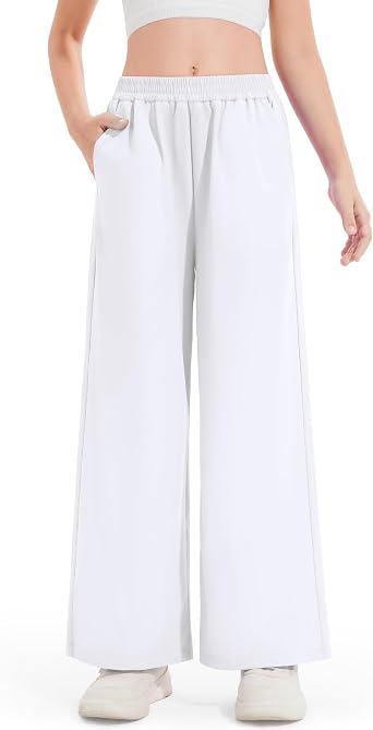Girls Preppy Loose Straight Leg Pants for School, Street & Hiking, Comfortable Plain Casual Long Pants White Size 10-12