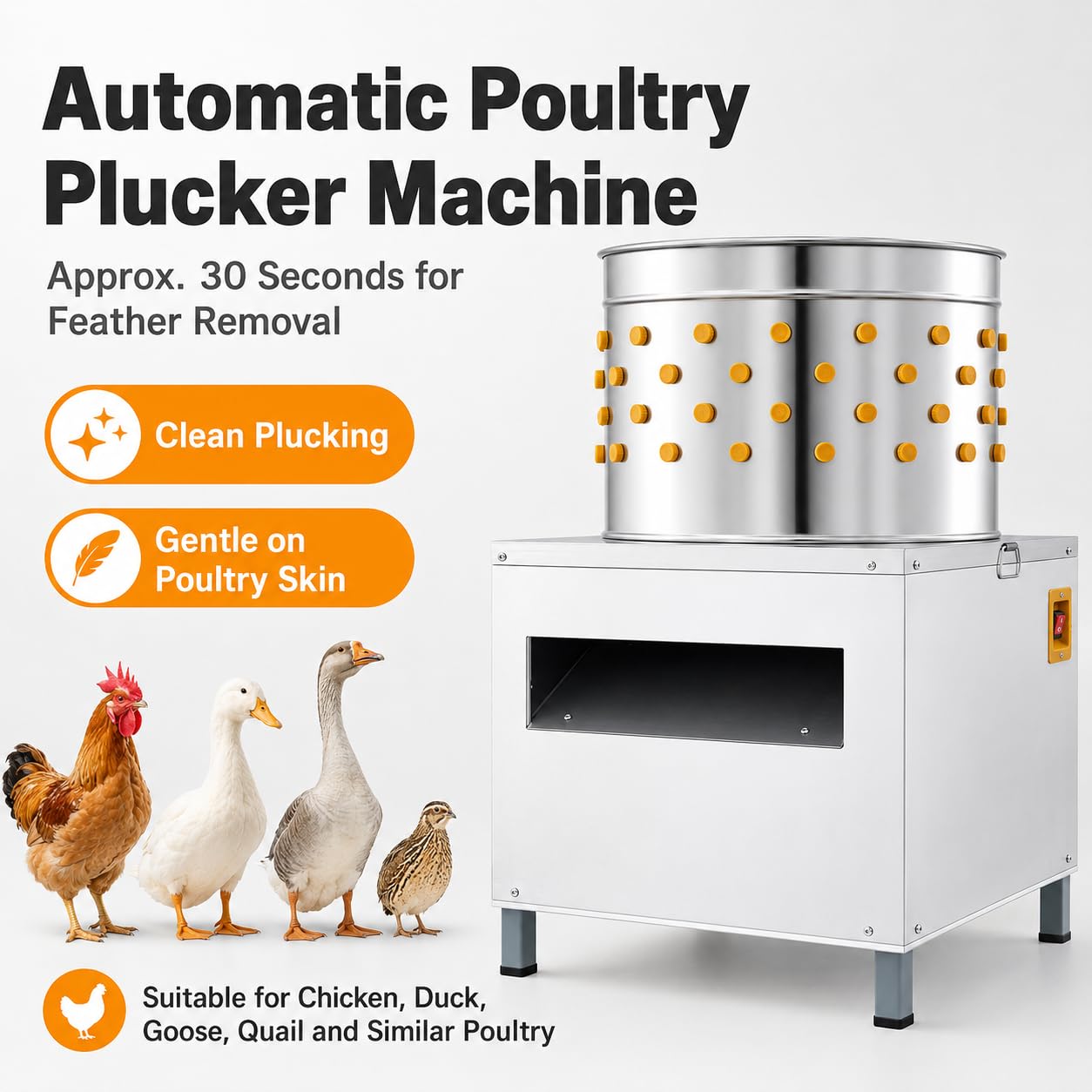 Máquina eléctrica para desplumar aves de corral, desplumadora de pollo de acero inoxidable con 95 dedos de goma, amplia apertura y motor de 1440 RPM para aves de corral y pájaros