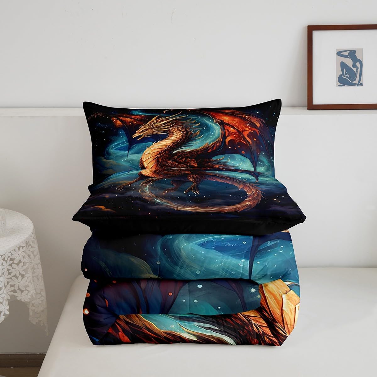 Erosebridal Magic Dragon Comforter Set King Size 3D Pterosaur Bedding Set, Magical Aesthetic Down Comforter Gradient Red Navy Blue Duvet Insert, Cartoon Dinosaur Bedding Comforter Sets 2 Pillowcase