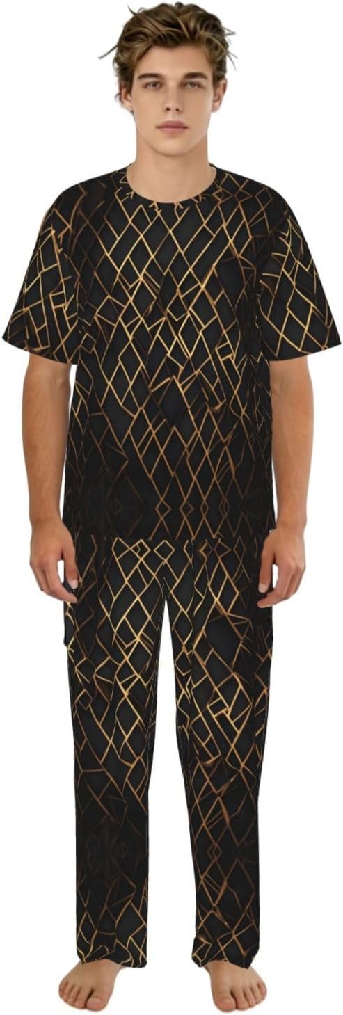 Men'S 2 Piece Loungewear Pajama Set Geometric Lines Print Short Sleeve Tee Top And Pants Set S-3xl