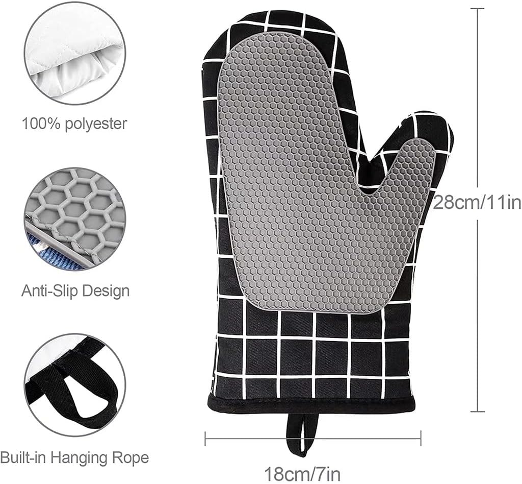 Oven Gloves, Silicone Oven Gloves, Cotton Lining and Non-Slip Surface, Square Stitched Heat Resistant Gloves for Kitchen, Baking, Grilling（Black）