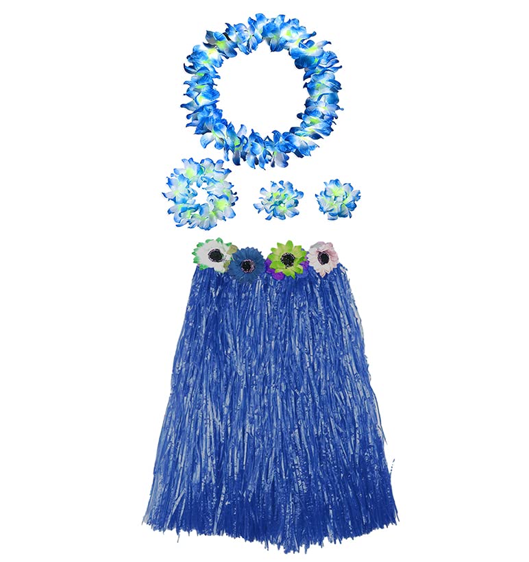 Disfraz Hawaiana Mujer, Set Falda Collar Diadema y Pulseras Hawaiana para Disfraz Flor Adulto Fiestas de Carnaval Halloween (Falda/60cm, Azul)