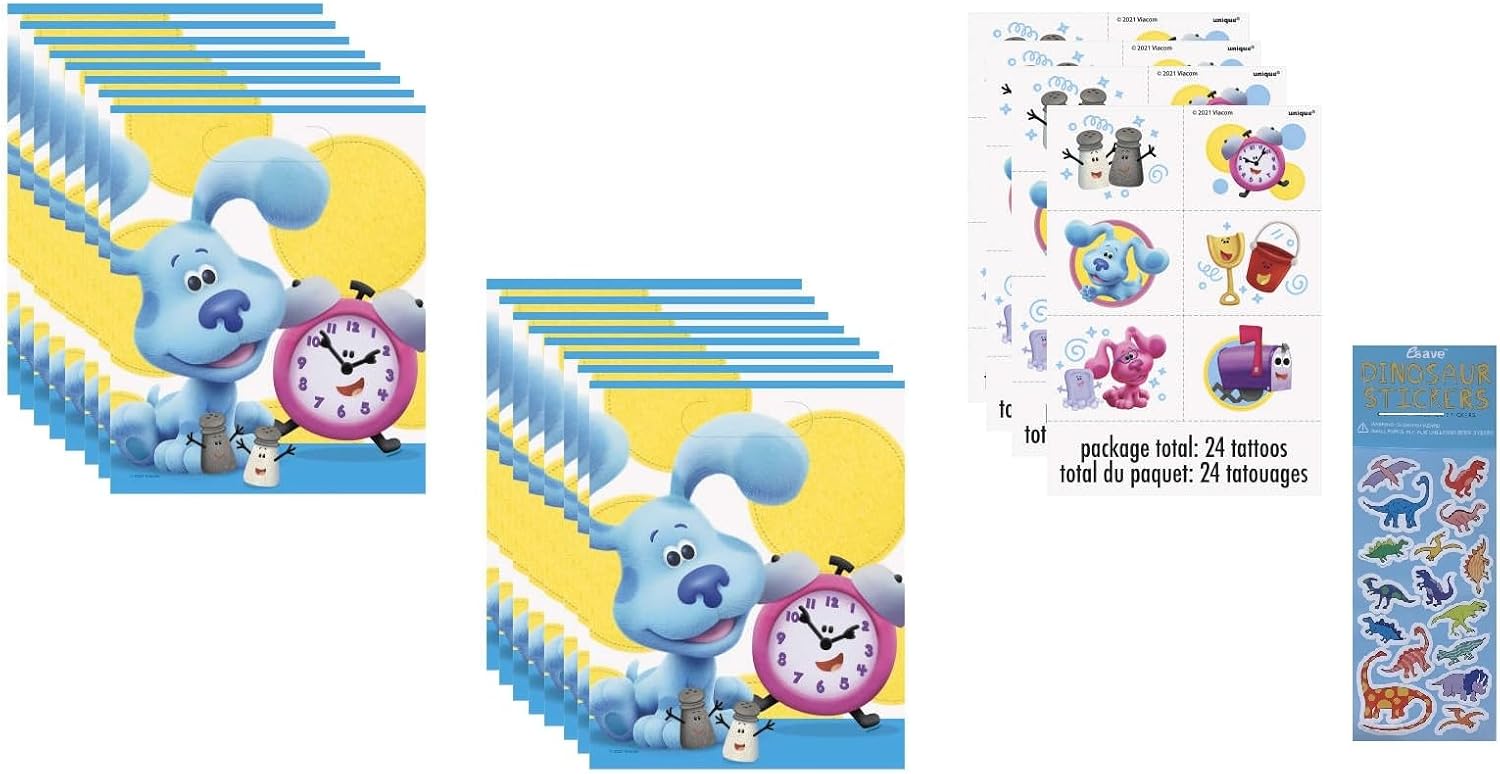 Blue's Clues Birthday Party Supplies Bundle includes 16 Loot Bags, 24Tattoos, 1 Dinosaur Sticker Sheet